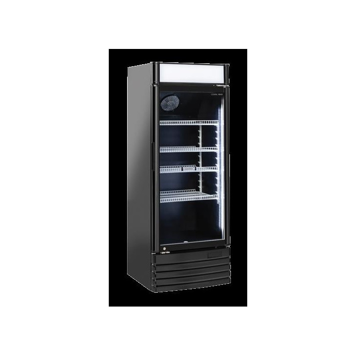 Chłodziarka na napoje Coolhead 1 drzwiowa z drzwiami szklanymi panel reklamowy  czarna 525x555x1635 Wariant podstawowy