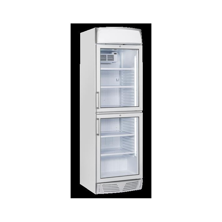 Chłodziarka na napoje Coolhead 1 drzwiowa z drzwiami szklanymi dzielonymi panel reklamowy biała 595x670x1960 Wariant podstawowy