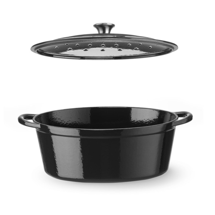 Garnek żeliwny emaliowany, HENDI, 6,88L, czarny, 405x255x(H)134mm, Owalny