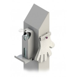 Stojak sanitarny z dozownikiem łokciowym na płyn do dezynfekcji i uchwytem na rękawiczki typu zrywka