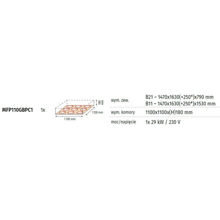 Gazowe wielopoziomowe piece do pizzy P110G „B” piec jednokomorowy z okapem i bazą