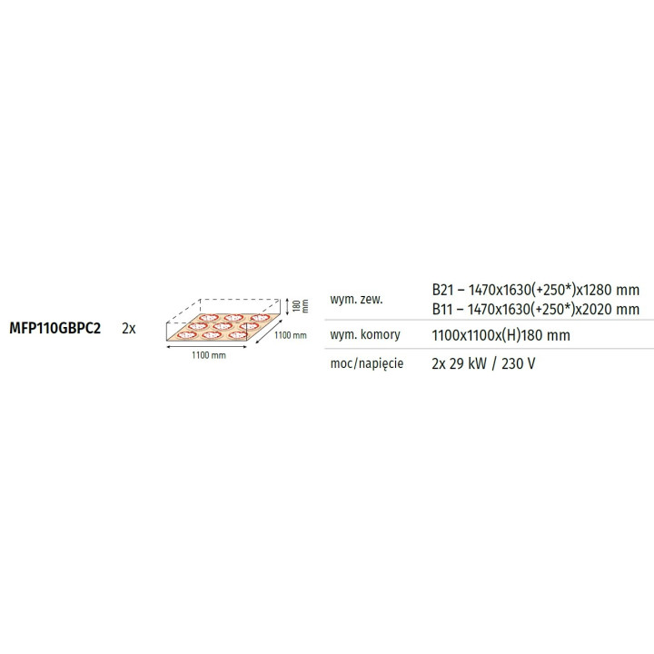 Gazowe wielopoziomowe piece do pizzy P110G „B” piec dwukomorowy z okapem i bazą