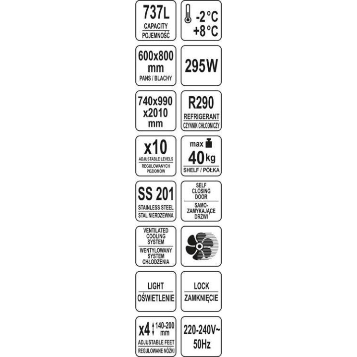 Szafa chłodnicza piekarnicza 737L wymiar półki 600x800mm Yato YG-05226