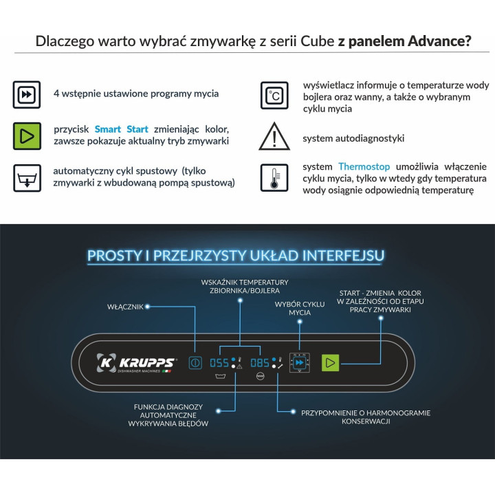 Zmywarka do szkła i talerzy | kosz 500x500 | 400V | KRUPPS CUBE LINE C537TE | panel elektroniczny Advance  4 cykle mycia