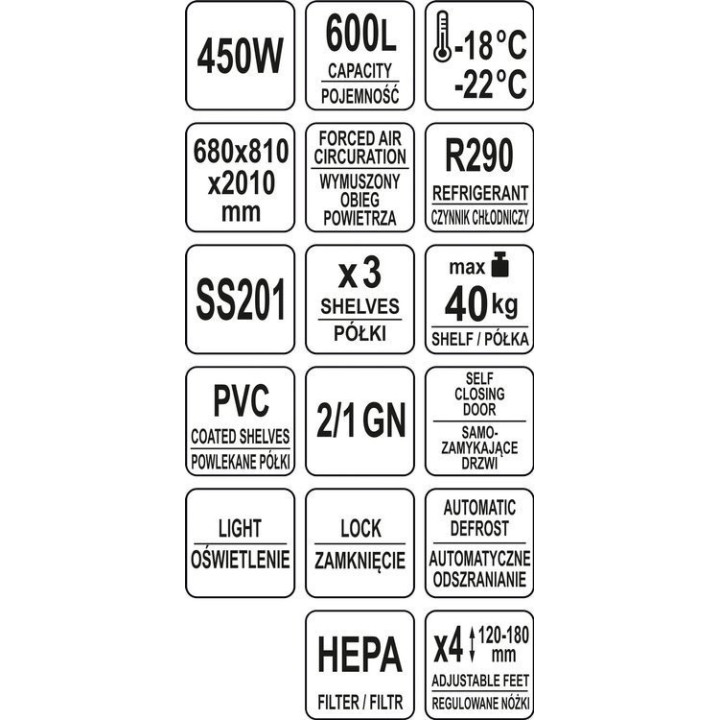 Szafa mroźnicza pojedyncza 600L obudowa nierdzewna 680x810x2010 Yato YG-05216